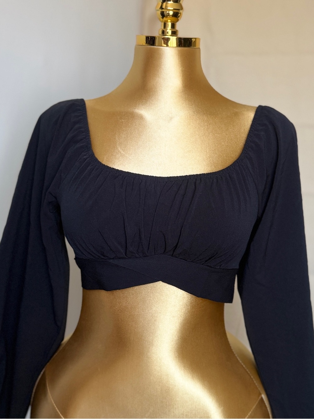 Square-Neck Black Long-Sleeve Cropped Top